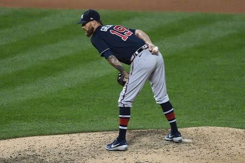 Shane Greene getting the sign on the mound for the Atlanta Braves